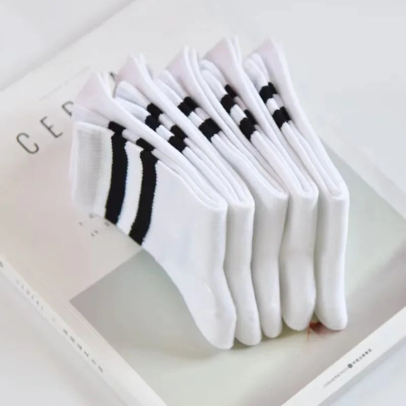 3/6 Pairs Women Sports Solid Socks Soft Comfortable Ventilate Versatile Mid Calf Socks Casual Stripe Splice Female Street Socks