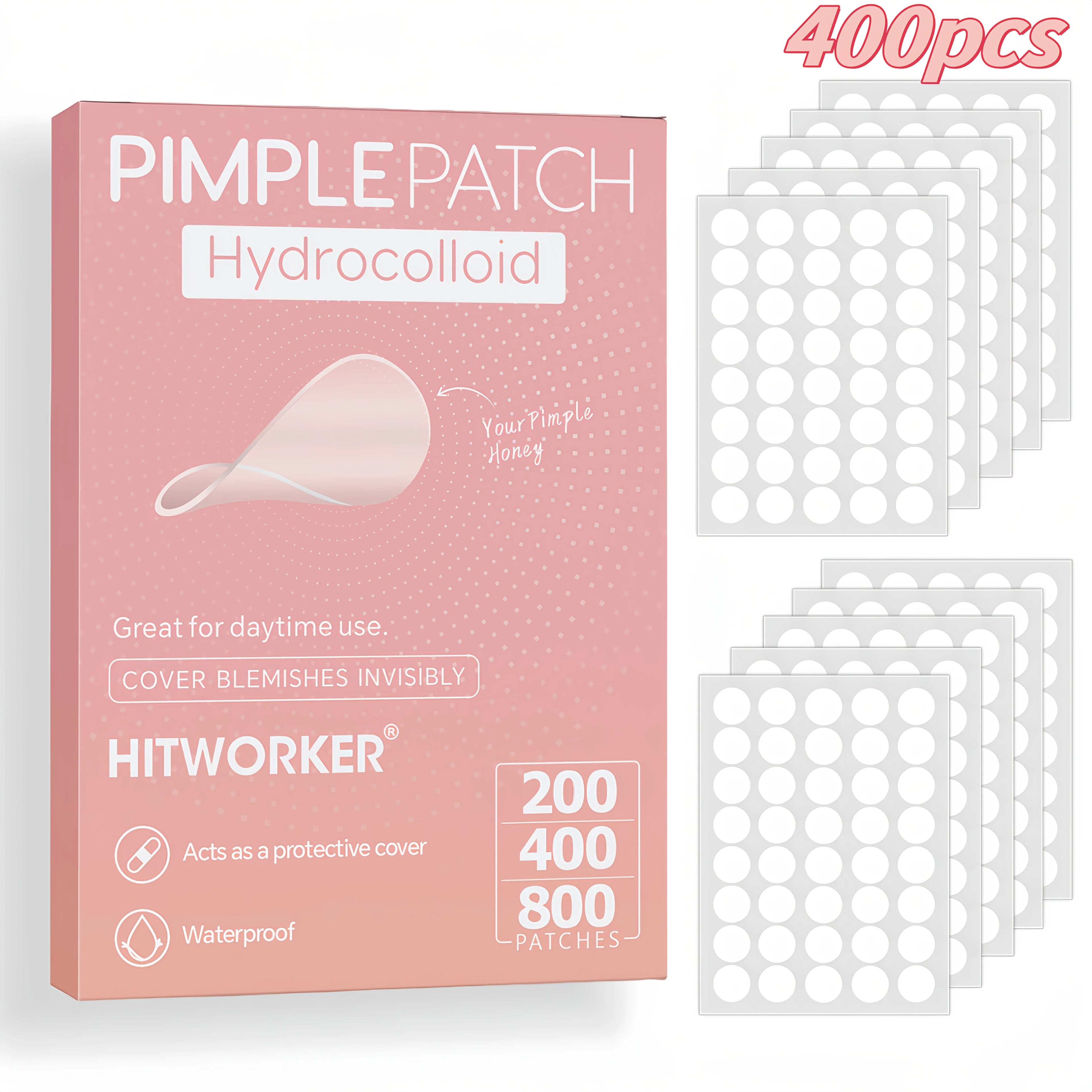 200/400/800-count packs of invisible acne patches. Covers pimples and blemishes. Gentle and non-irritating.