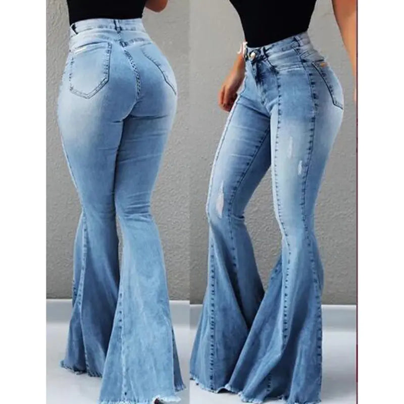 High Waist Flared Denim Pants for Women KV0755