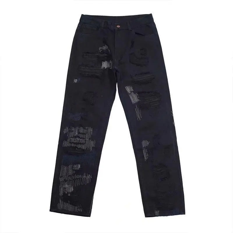 Casual Jeans with Embroidered Irregular Hole Patches