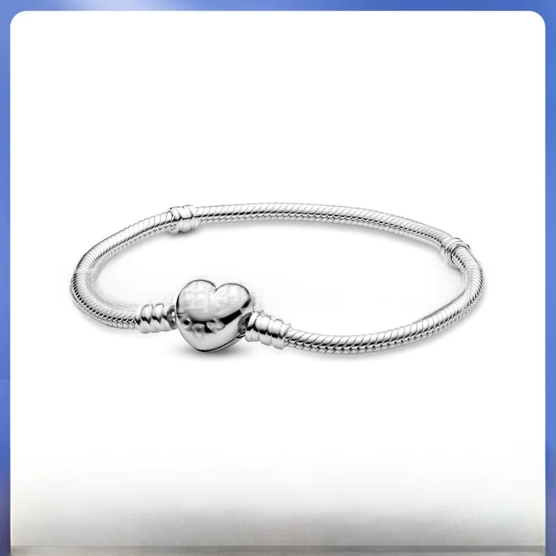 Pandora 925 Silver Rose Gold Heart Charm Bracelet DIY