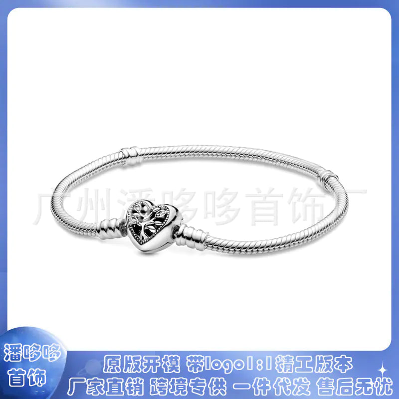 Pandora 925 Silver Rose Gold Heart Charm Bracelet DIY