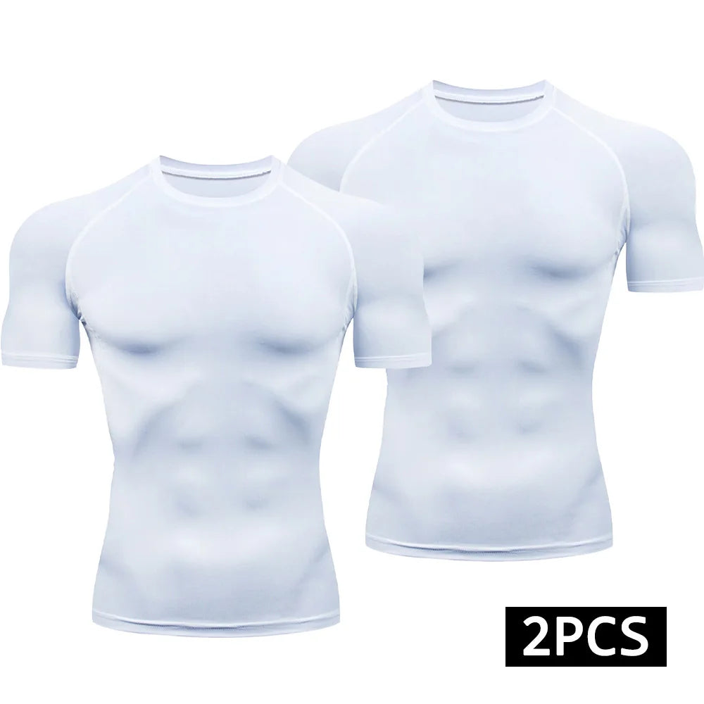 2-Piece Compression T Shirt Men Summer Sportswear Running T-shirt Elastic Quick Dry Sport Tops Athletic Gym Workout Shirts Men