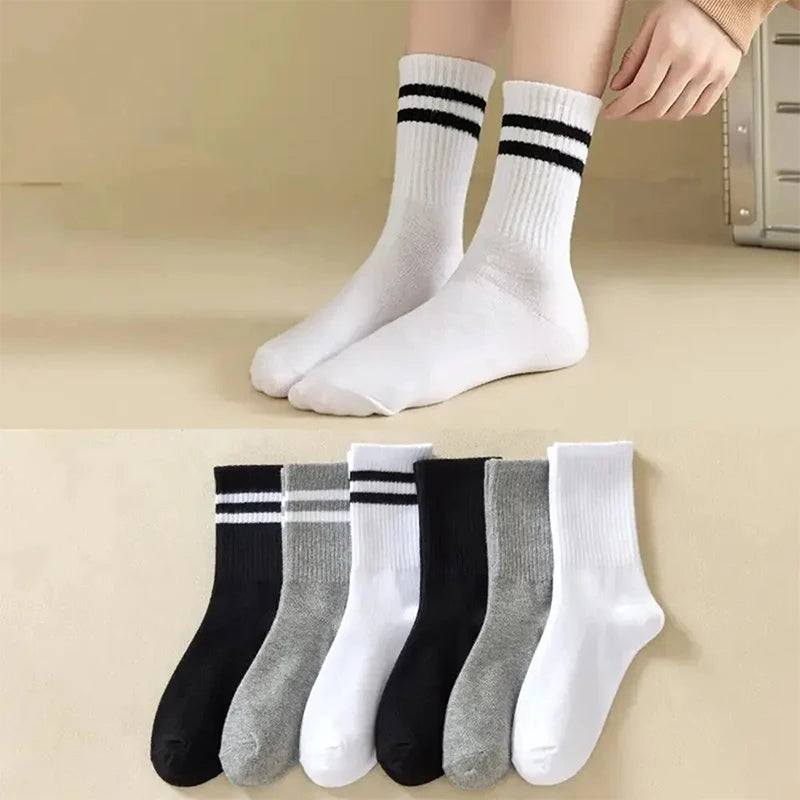 3/6 Pairs Women Sports Solid Socks Soft Comfortable Ventilate Versatile Mid Calf Socks Casual Stripe Splice Female Street Socks