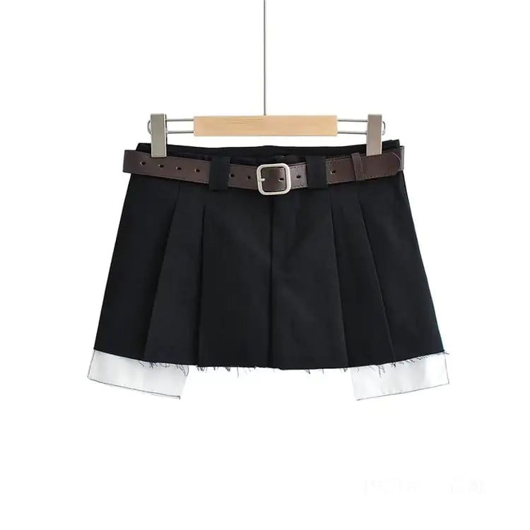 Fake Two-Piece Low-Waisted Pleated Skirt